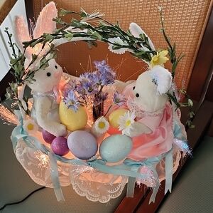 Bunny Basket Vintage with Eggs and Flowers